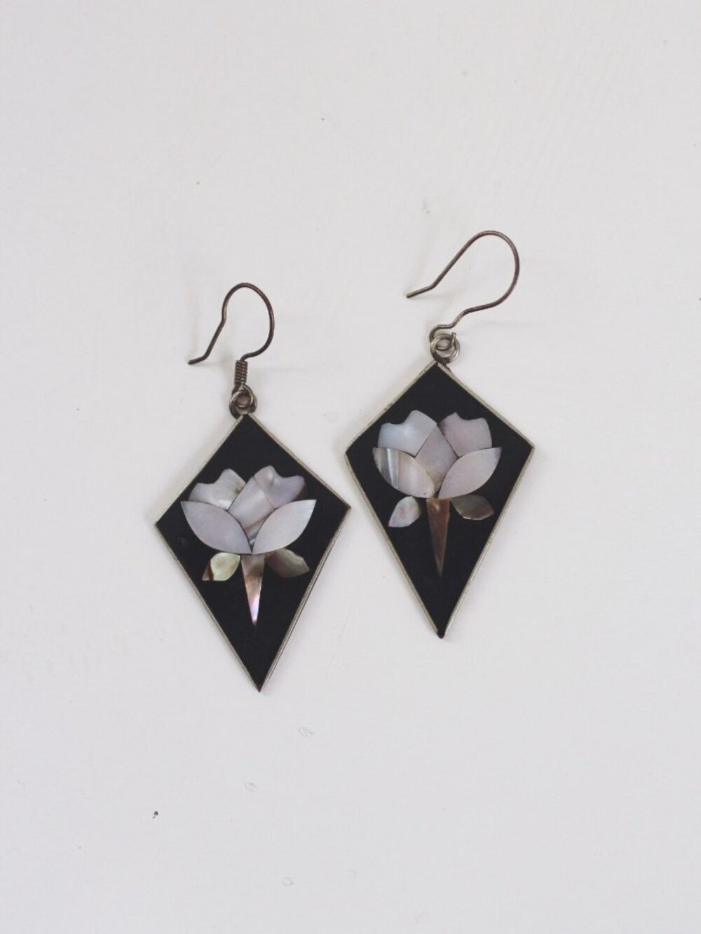 Vintage Mexican Alpaca Silver Dangle Earrings Mother Of Pearl Inlay Floral Abalo - Picture 3 of 6